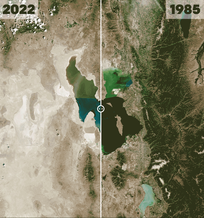 great-salt-lake_1985-2022__nasa Satellite view of the Great Salt Lake in Utah in June 1985 compared to July 2022, showing significant loss in the size of the lake.