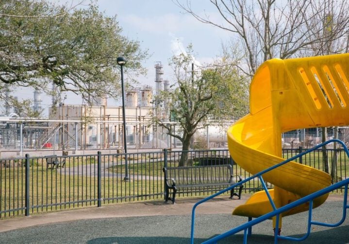 The playground at Fifth and Goodhope Park in Norco, Louisiana, is next to a large Shell refinery. (Brad Zweerink / Earthjustice)
